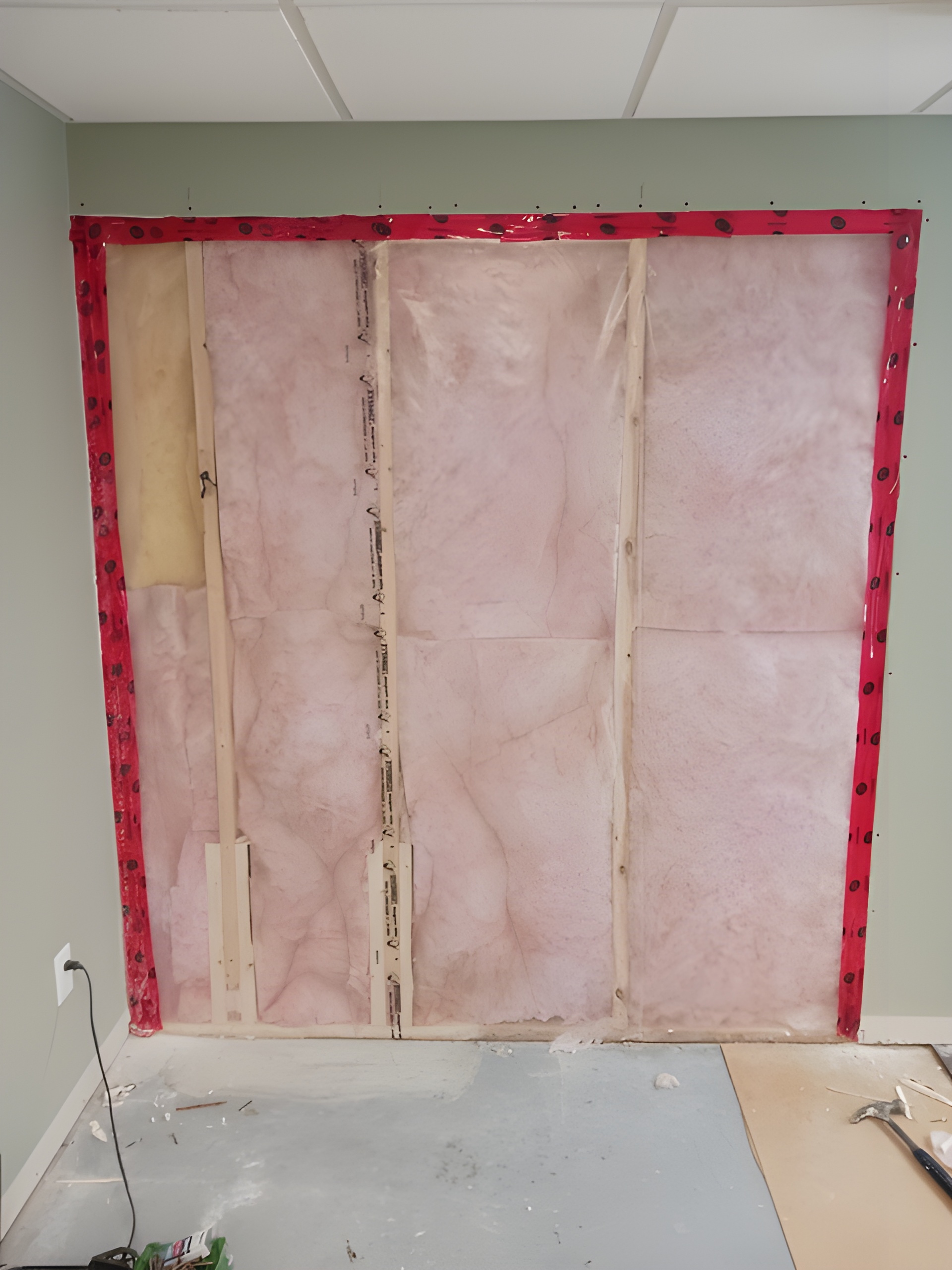 Stud wall with insulation installed and vapor barrier taped